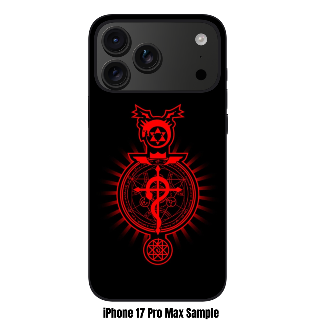 Fullmetal Alchemist Phone Case For iPhone Samsung Galaxy Pixel - Glowing Red Flamel And Transmutation Circle Symbols On Black Background