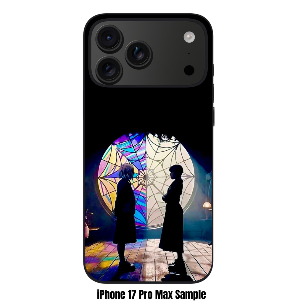 Wednesday Phone Case For iPhone Samsung Galaxy Pixel - Wednesday Addams And Enid Sinclair In Front Of Spiderweb Stained Glass Window Poster