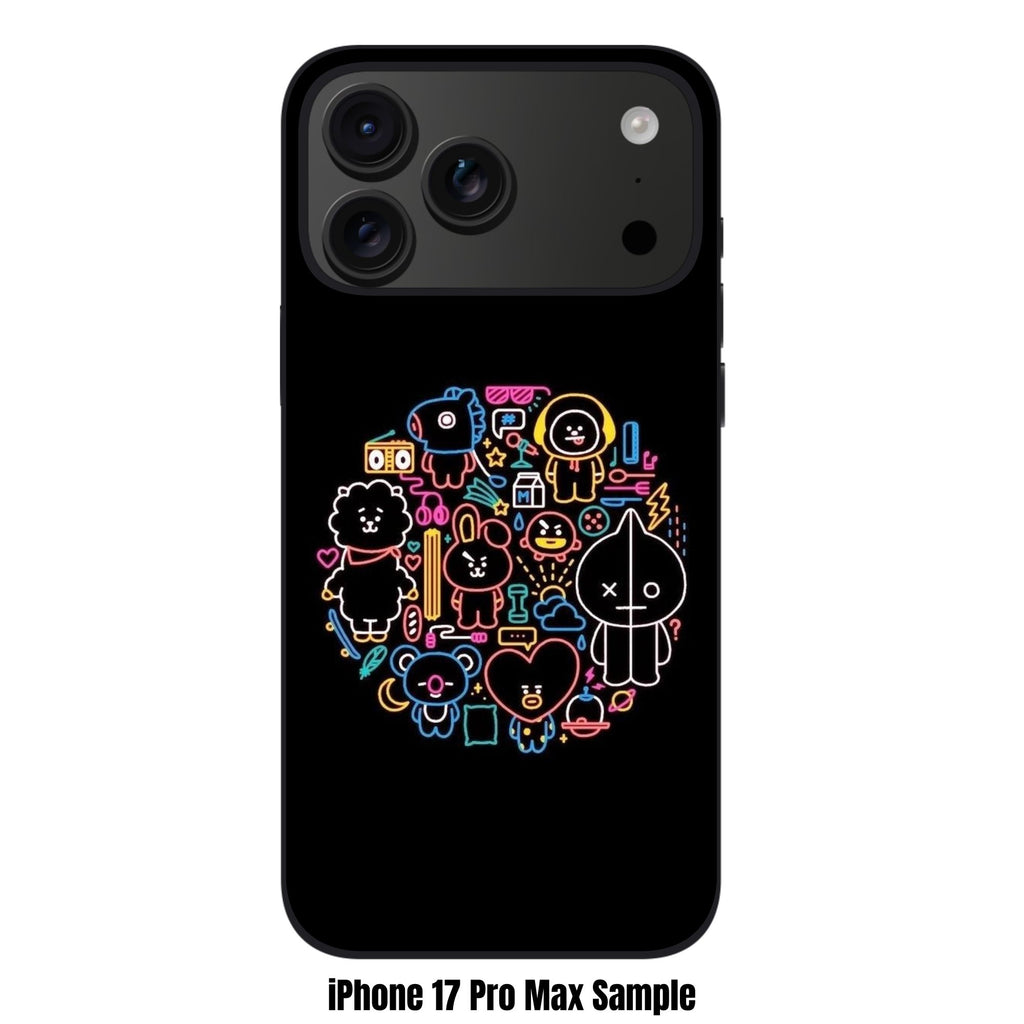 BTS Phone Case For iPhone Samsung Galaxy Pixel - BT21 Neon Outline Doodle Pattern On Black Background