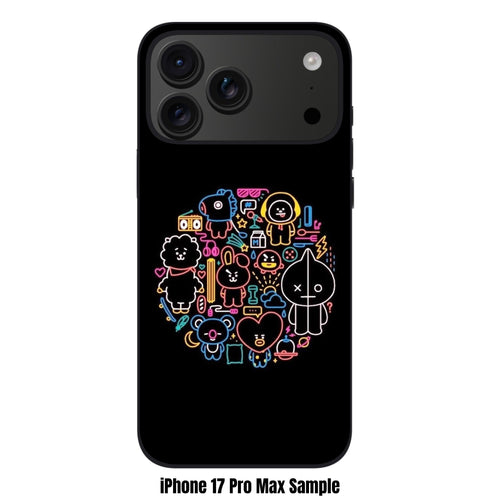 BTS Phone Case For iPhone Samsung Galaxy Pixel - BT21 Neon Outline Doodle Pattern On Black Background