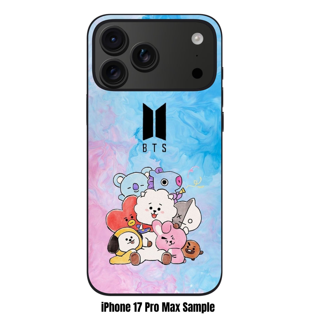 BTS Phone Case For iPhone Samsung Galaxy Pixel - BTS Logo And BT21 Characters On Blue Pink Fluid Art Background