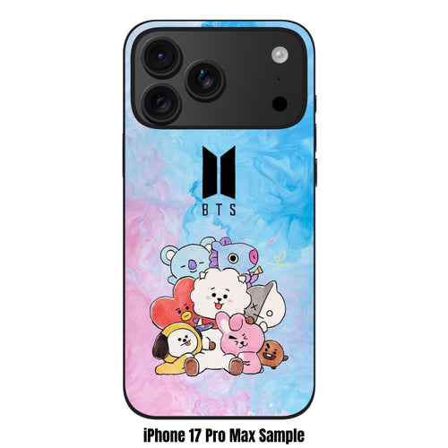 BTS Phone Case For iPhone Samsung Galaxy Pixel - BTS Logo And BT21 Characters On Blue Pink Fluid Art Background