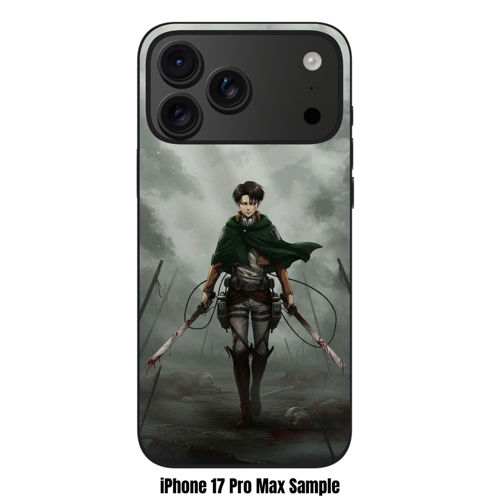 Attack on Titan Levi Phone Case For iPhone Samsung Galaxy Pixel - Levi Ackerman Standing With Bloody Swords On Battlefield Under Grey Sky Background