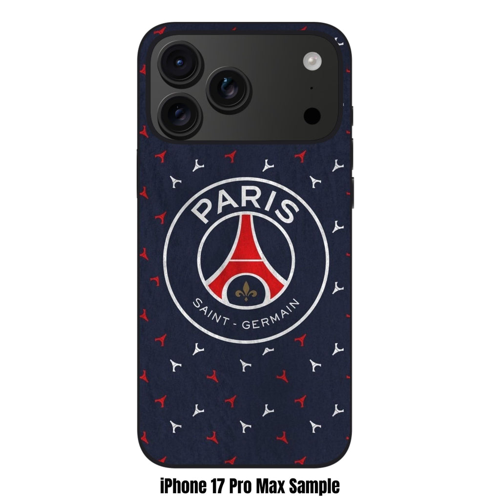 Paris Saint Germain FC Phone Case For iPhone Samsung Galaxy Pixel -  Paris Saint Germain FC Centered Crest On Wrinkled Dark Blue Fabric Texture Monogram Background