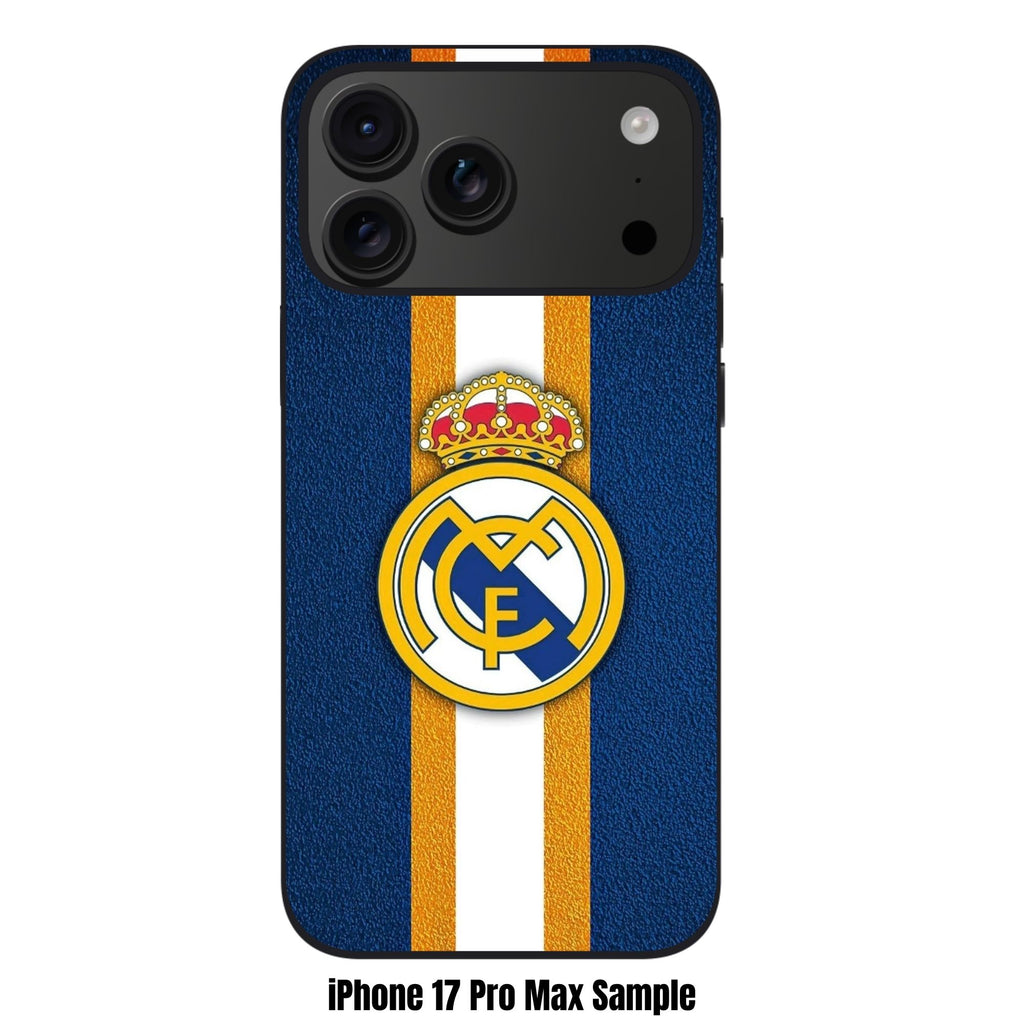 Real Madrid CF Phone Case For iPhone Samsung Galaxy Pixel - Real Madrid CF Logo On Textured Navy Background With Vertical White And Gold Stripes