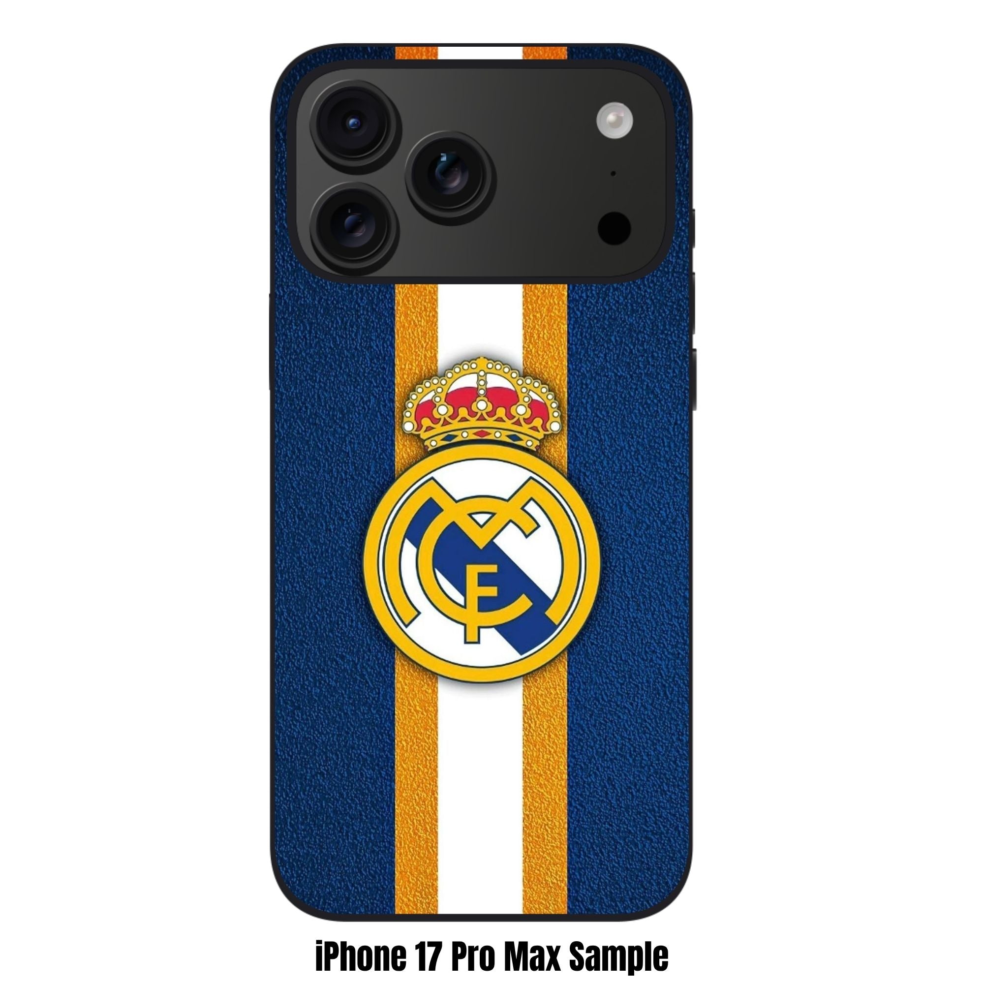 Real Madrid CF Phone Case For iPhone Samsung Galaxy Pixel - Real Madrid CF Logo On Textured Navy Background With Vertical White And Gold Stripes