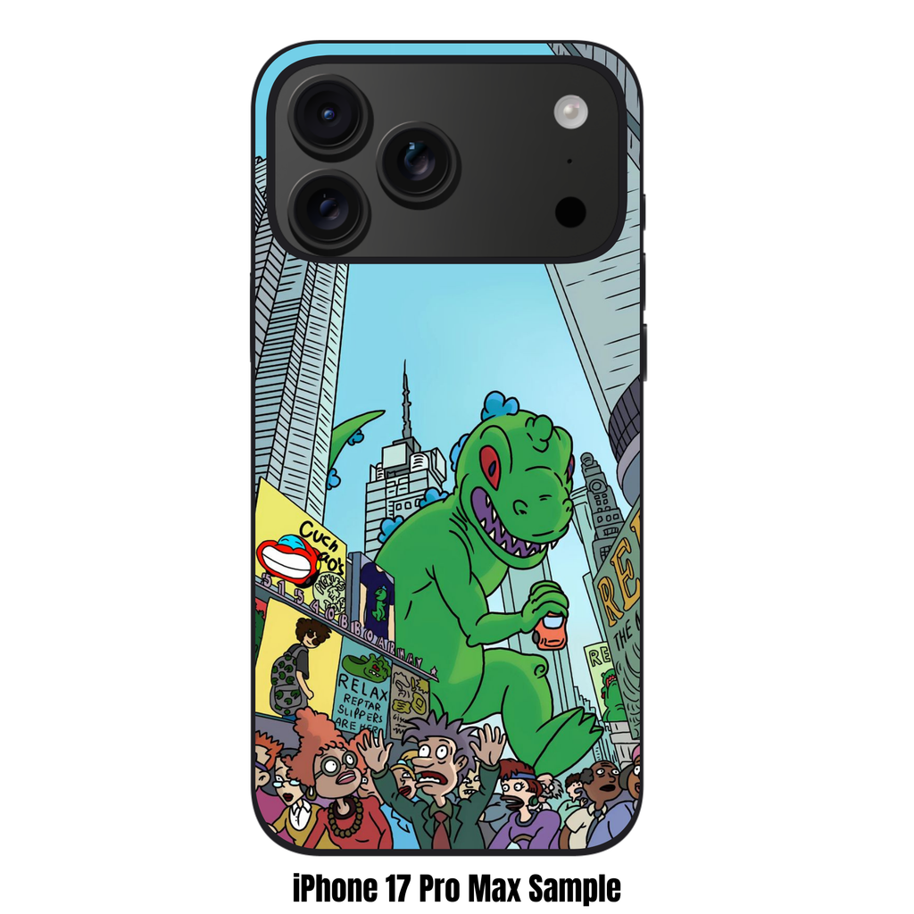 Rugrats Reptar Phone Case For iPhone Samsung Galaxy Pixel - Reptar Towering Over A Crowded City Street Background