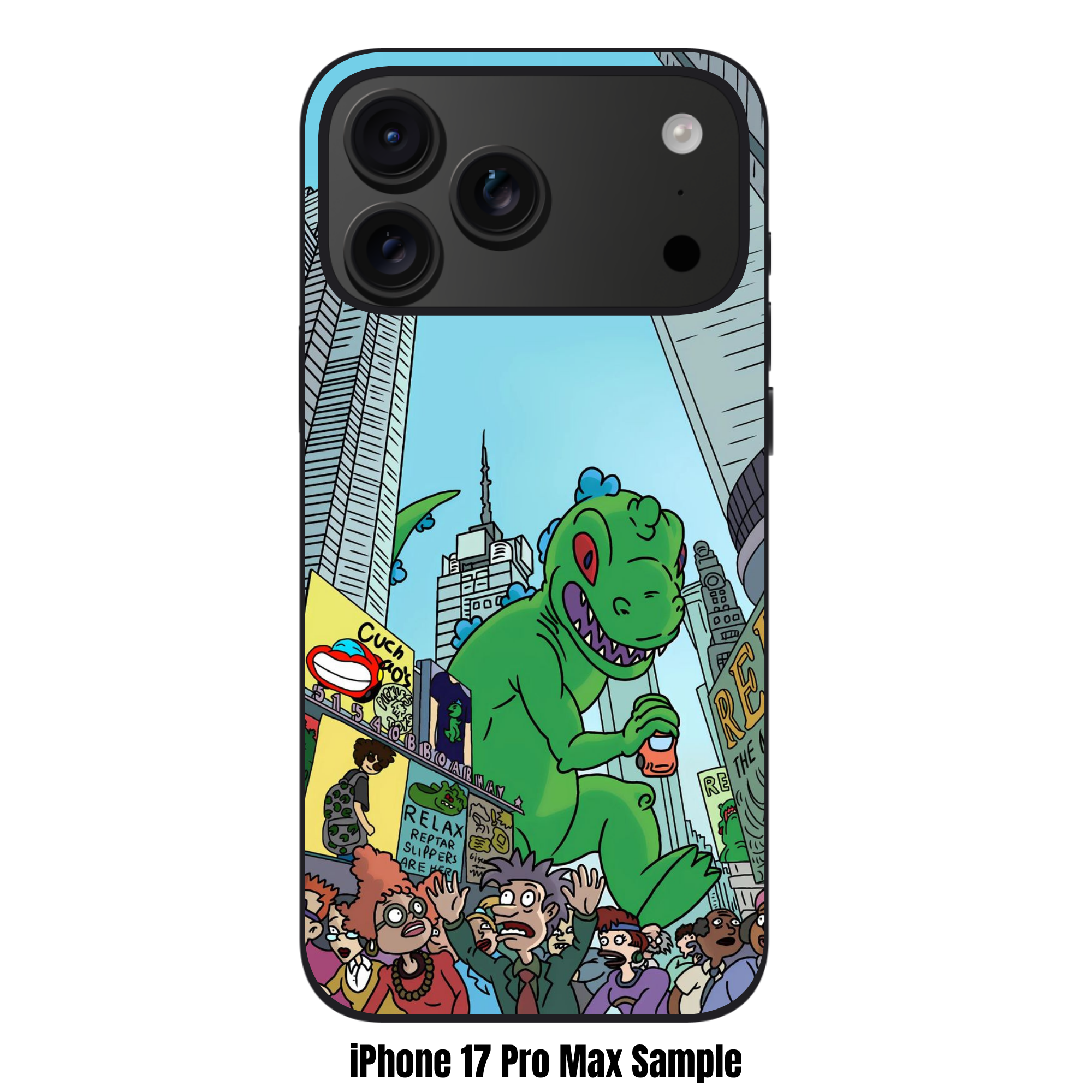 Rugrats Reptar Phone Case For iPhone Samsung Galaxy Pixel - Reptar Towering Over A Crowded City Street Background