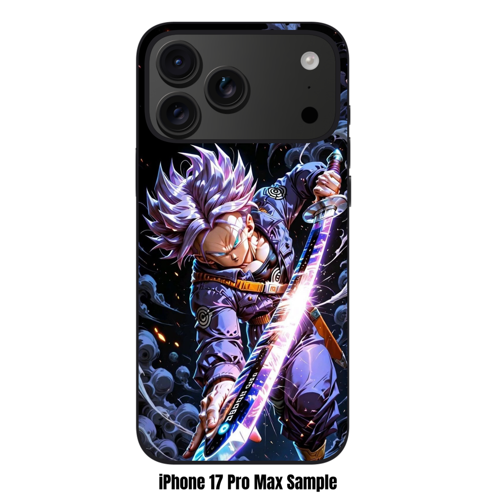 Dragon Ball Trunks Phone Case For iPhone Samsung Galaxy Pixel - Super Saiyan Future Trunks Action Art With Glowing Energy Sword On Black Background With Grey Smoke And Embers