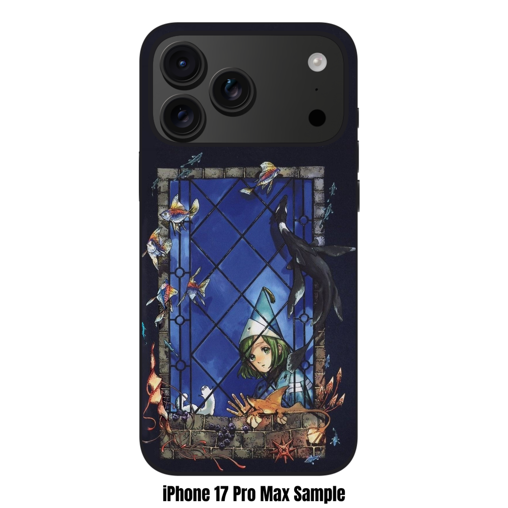 Witch Hat Atelier Coco Phone Case For iPhone Samsung Galaxy Pixel - Coco Peeking Through Window At Swimming Sea Creatures On Black Background