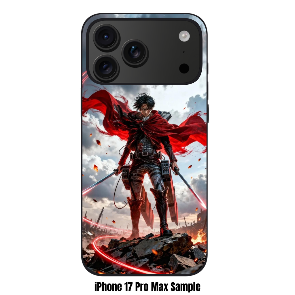 Attack on Titan Levi Phone Case For iPhone Samsung Galaxy Pixel - Levi Ackerman Standing With Glowing Red Swords On Battlefield Under Stormy Sky Background