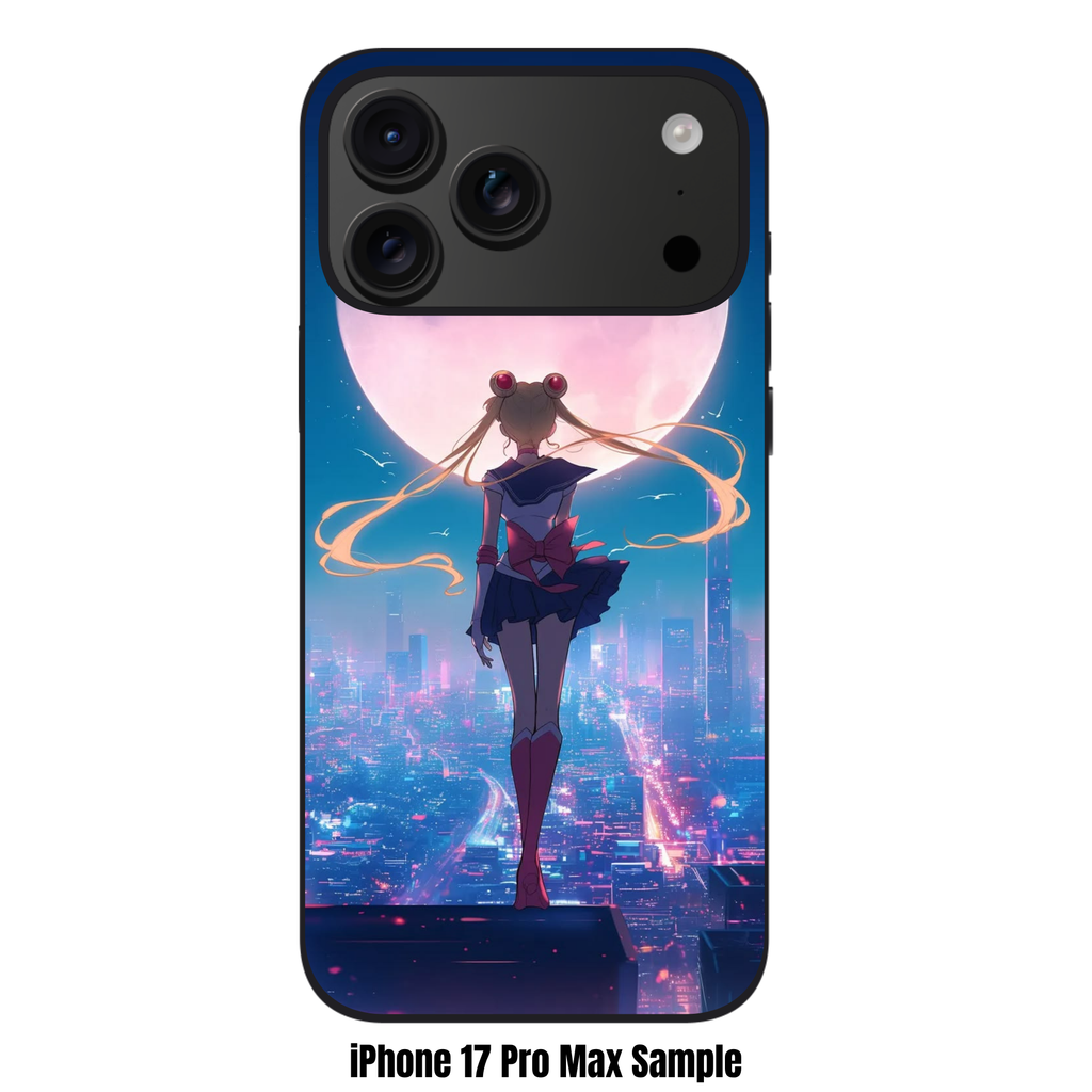 Sailor Moon Phone Case For iPhone Samsung Galaxy Pixel - Sailor Moon Back View On Luminous Pink Moon And Futuristic Cyberpunk Cityscape Background