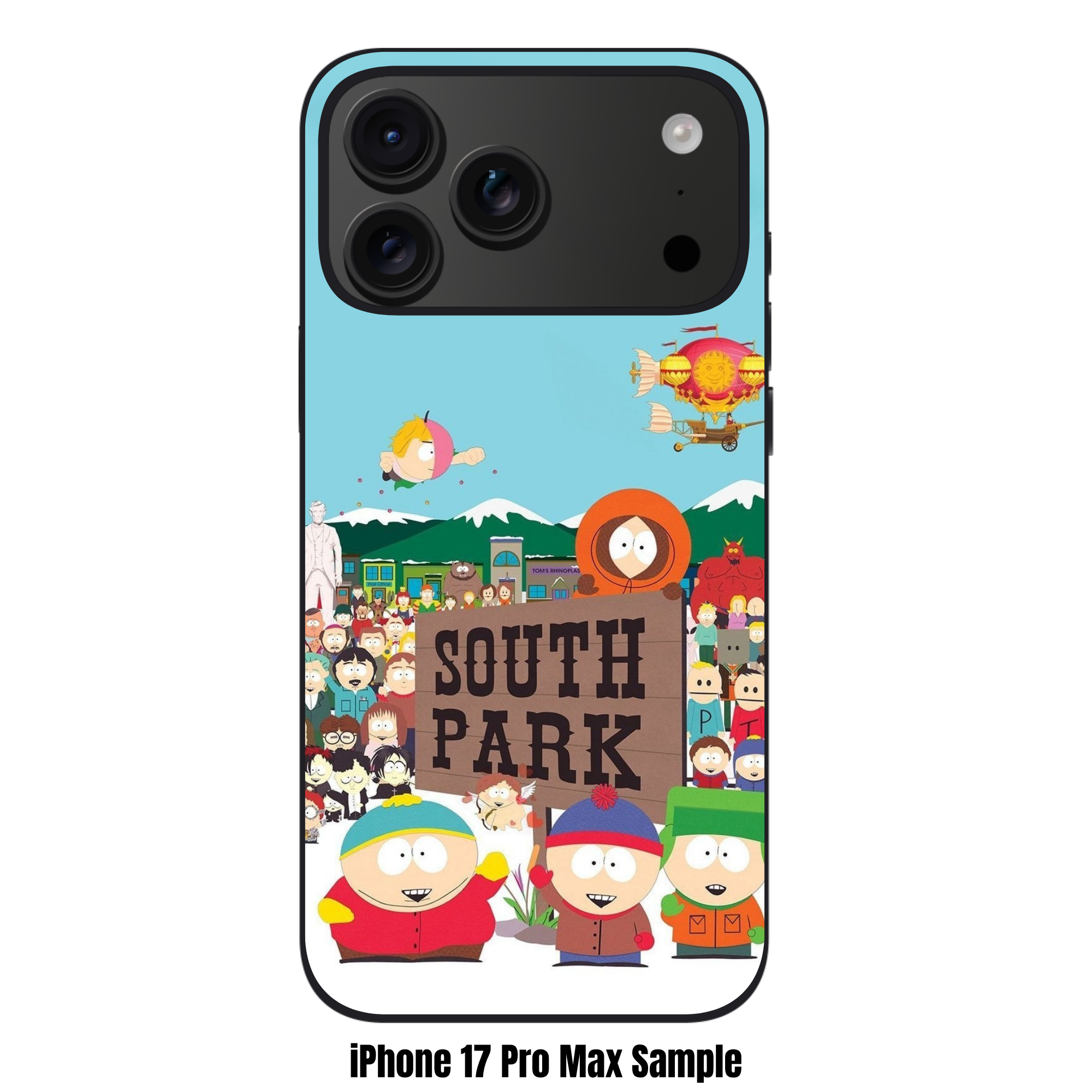 South Park Phone Case For iPhone Samsung Galaxy Pixel - South Park Main Characters Group With Iconic Town Sign On Light Blue Sky Background