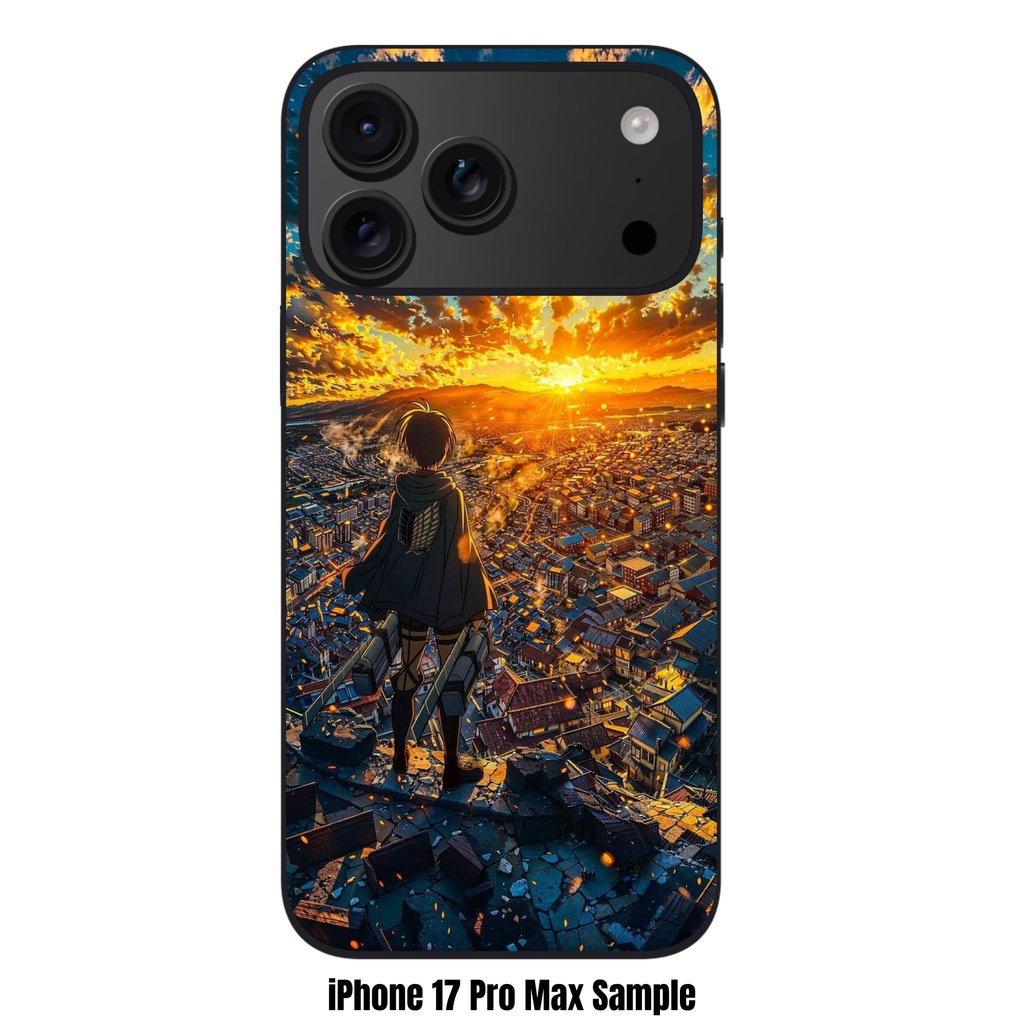 Attack on Titan Eren Phone Case For iPhone Samsung Galaxy Pixel - Eren Yeager Overlooking City At Sunset Background