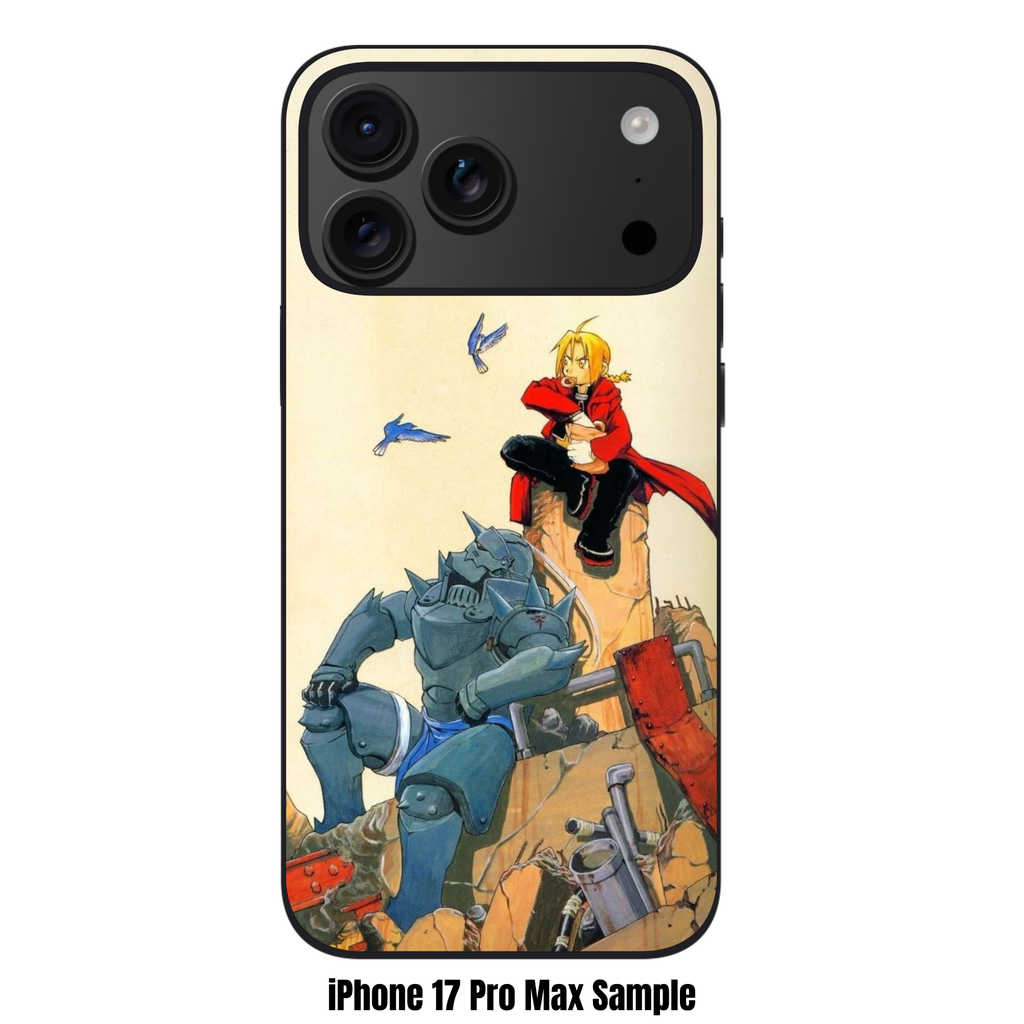 Fullmetal Alchemist Phone Case For iPhone Samsung Galaxy Pixel - Edward And Alphonse Elric Sitting On Ruins Under Pale Yellow Sky Background