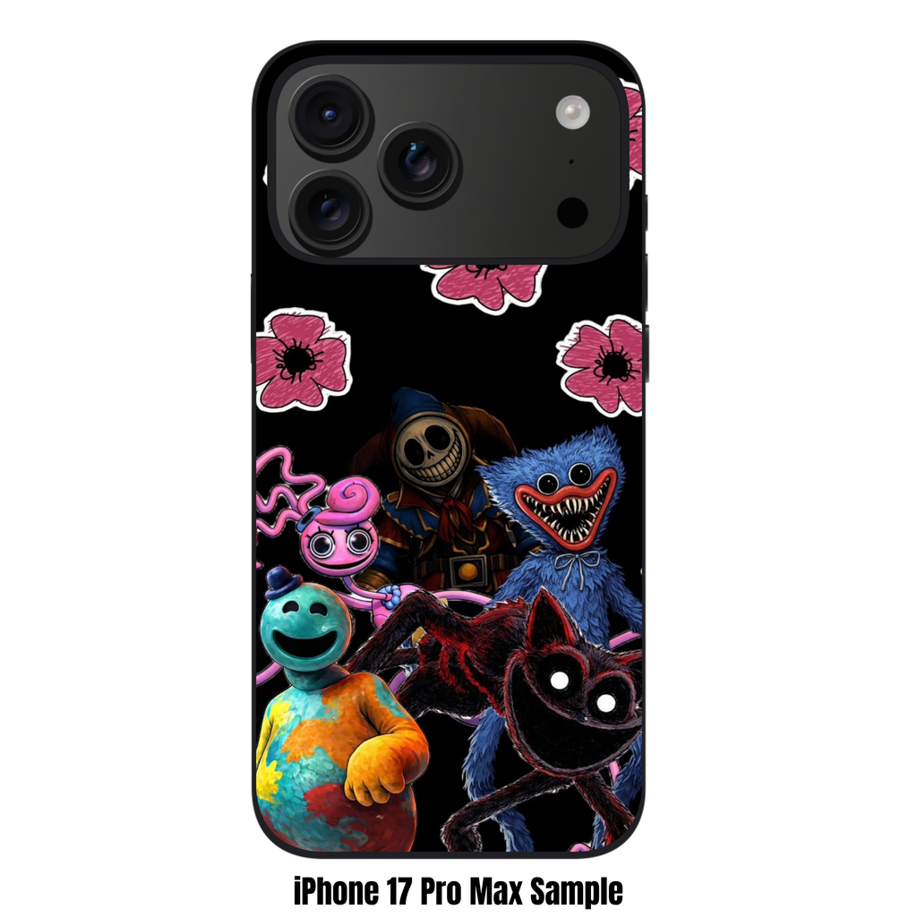 Poppy Playtime Phone Case For iPhone Samsung Galaxy Pixel - Poppy Playtime Main Antagonists And Pink Flowers On Black Background