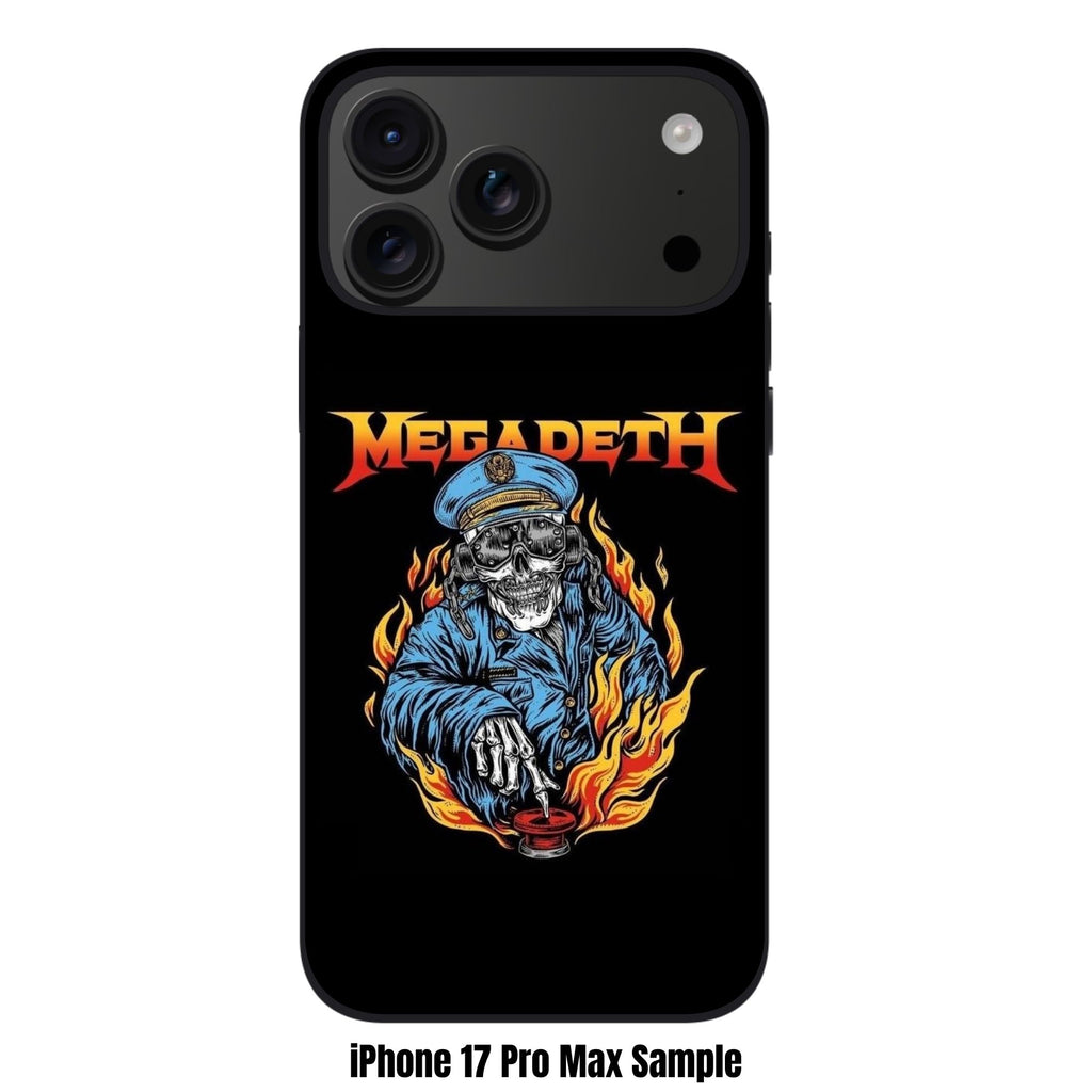 Megadeth Phone Case For iPhone Samsung Galaxy Pixel - Megadeth Vic Rattlehead In Military Uniform Pressing Button On Black Background