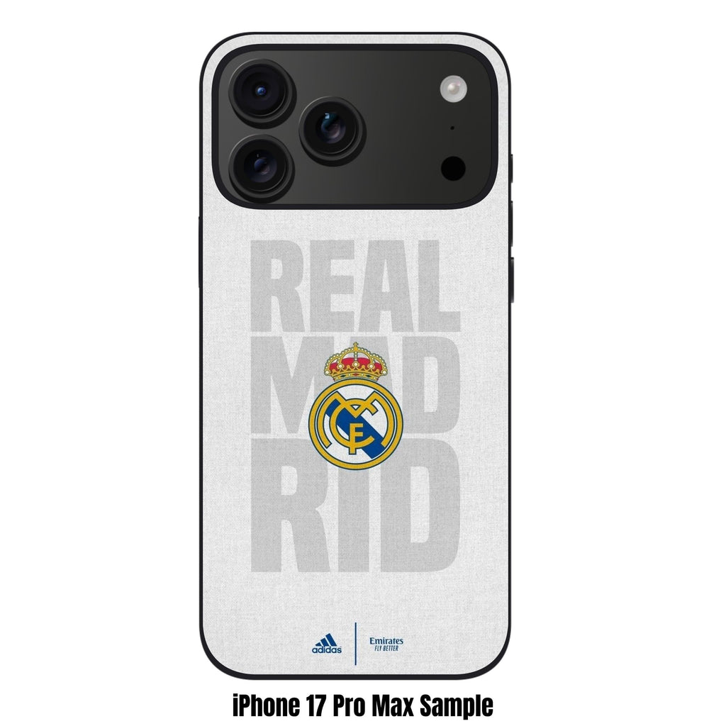 Real Madrid CF Phone Case For iPhone Samsung Galaxy Pixel - Real Madrid CF Crest On Light Gray Textured Fabric Background With Large Faded Typographic Text