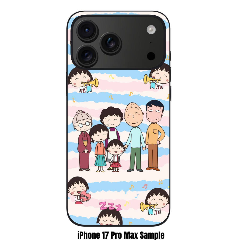Chibi Maruko Chan Phone Case For iPhone Samsung Galaxy Pixel - Chibi Maruko Chan Full Family Portrait On Blue And Pink Striped Background