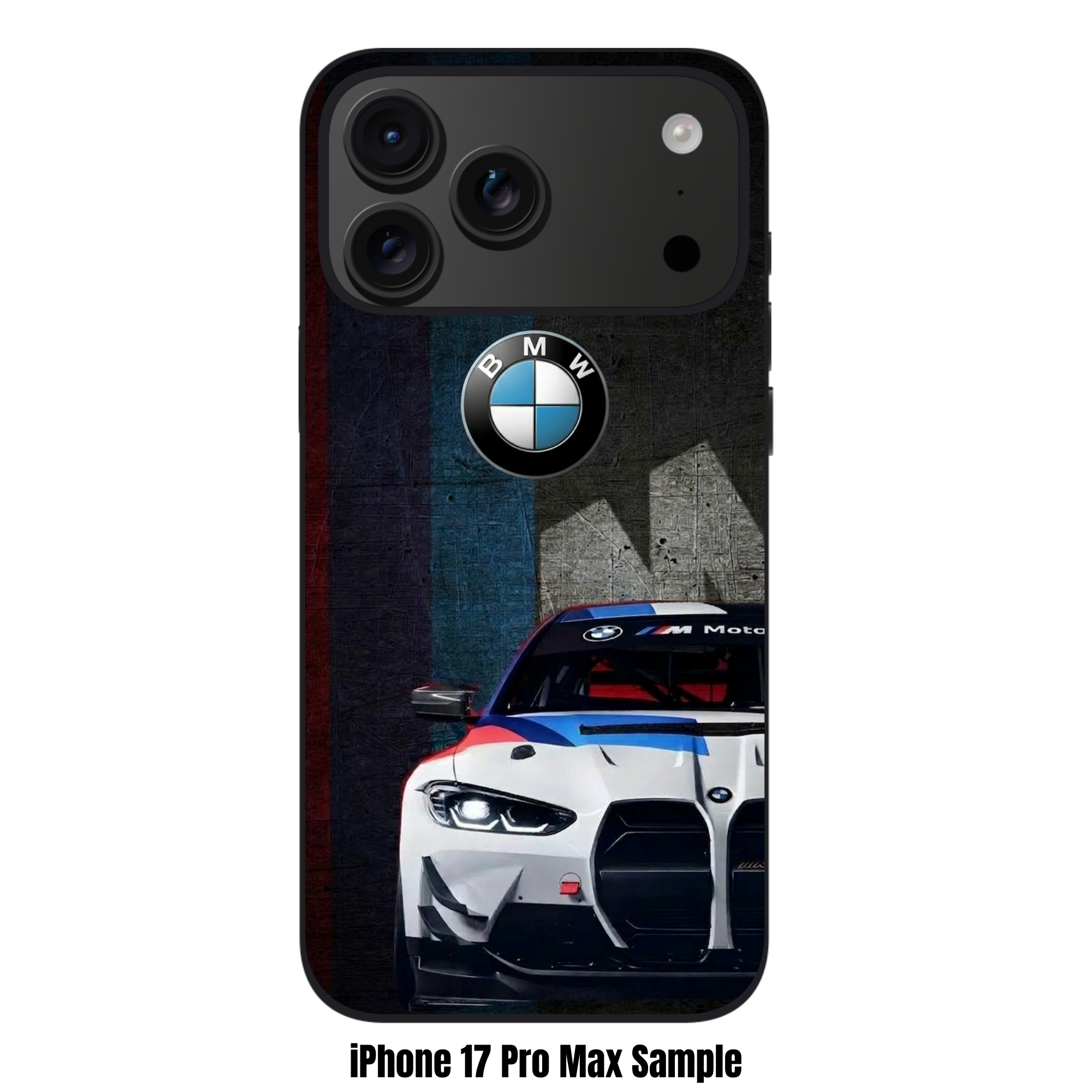 BMW Phone Case For iPhone Samsung Galaxy Pixel - BMW M4 GT4 And Logo On Textured M Stripes Background