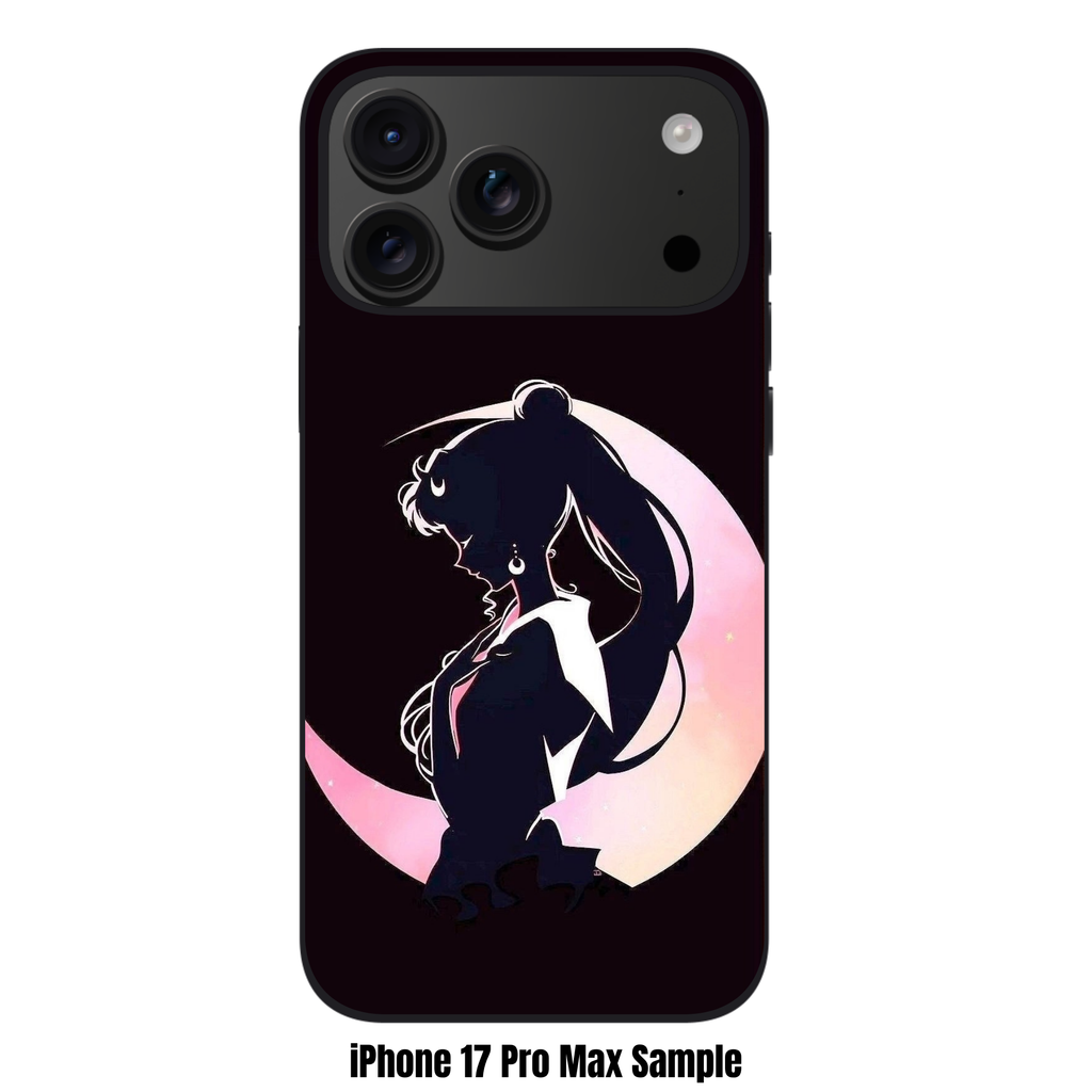 Sailor Moon Phone Case For iPhone Samsung Galaxy Pixel - Sailor Moon Side Profile Silhouette In Front Of Crescent Moon On Black Background