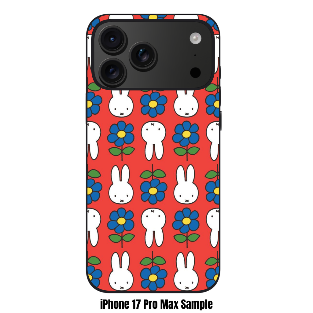 Miffy Phone Case For iPhone Samsung Galaxy Pixel - Miffy Faces And Blue Flowers Pattern In Orange Background