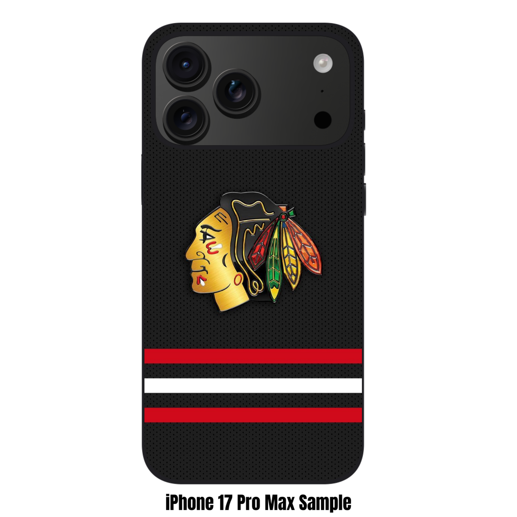 NHL Chicago Blackhawks Phone Case For iPhone Samsung Galaxy Pixel - Chicago Blackhawks Logo And Horizontal Stripes On Black Mesh Texture Background