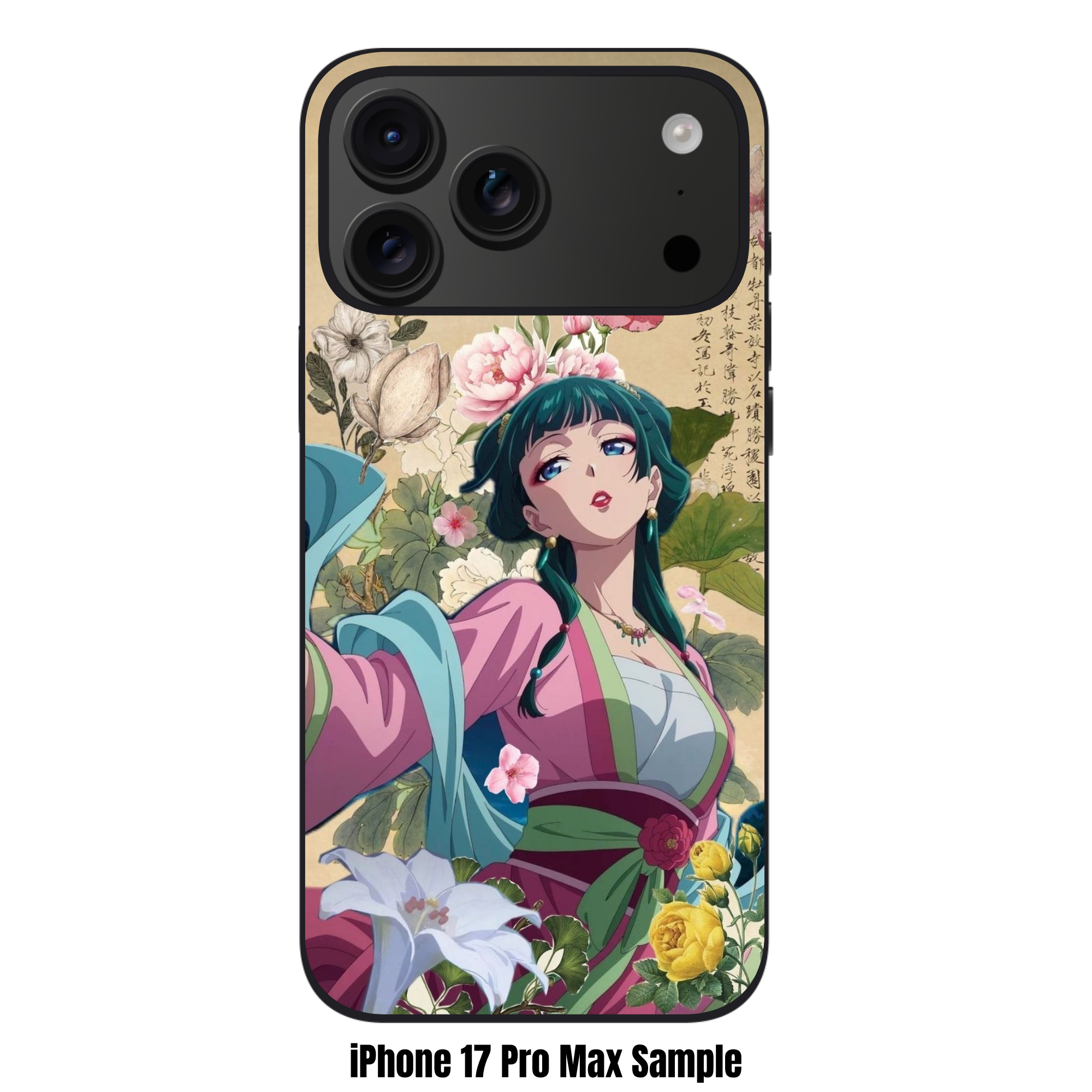 The Apothecary Diaries Maomao Phone Case For iPhone Samsung Galaxy Pixel - Maomao In A Pink Dress Surrounded By Peonies On A Parchment Paper Background