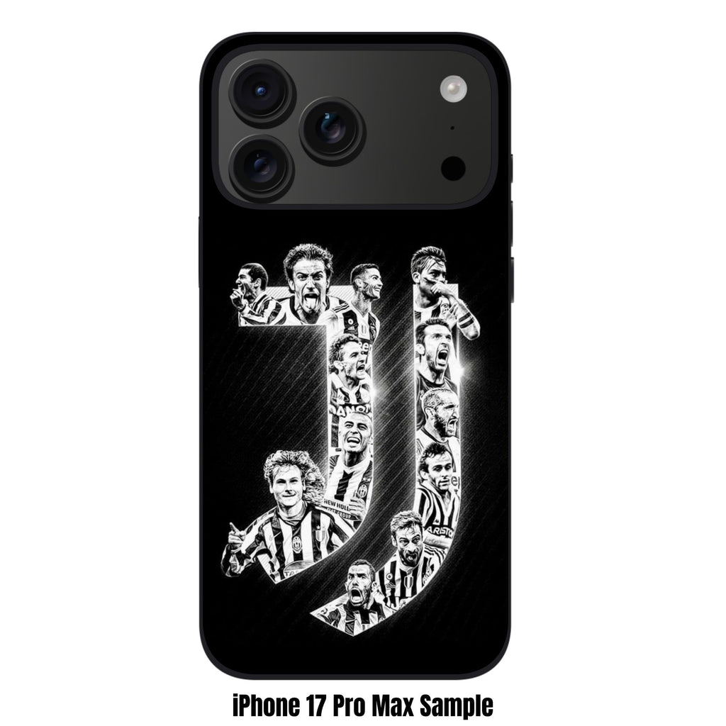 Juventus FC Phone Case For iPhone Samsung Galaxy Pixel - Juventus FC Minimalist J Logo Collage Featuring Legendary Players On Black Background
