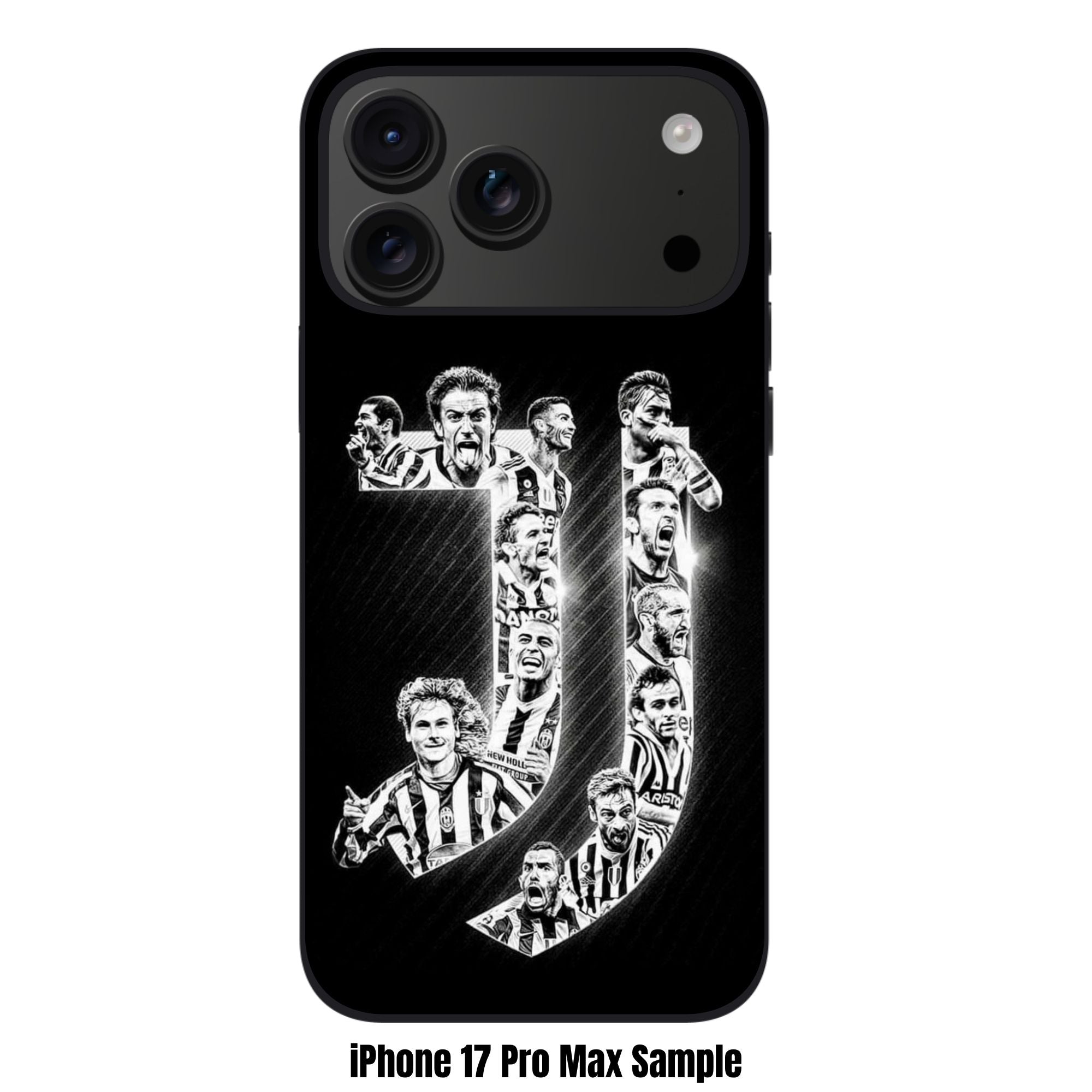 Juventus FC Phone Case For iPhone Samsung Galaxy Pixel - Juventus FC Minimalist J Logo Collage Featuring Legendary Players On Black Background