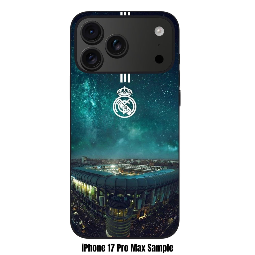 Real Madrid CF Phone Case For iPhone Samsung Galaxy Pixel - Real Madrid CF Logo Over Santiago Bernabeu Stadium With Teal Galaxy Sky Background