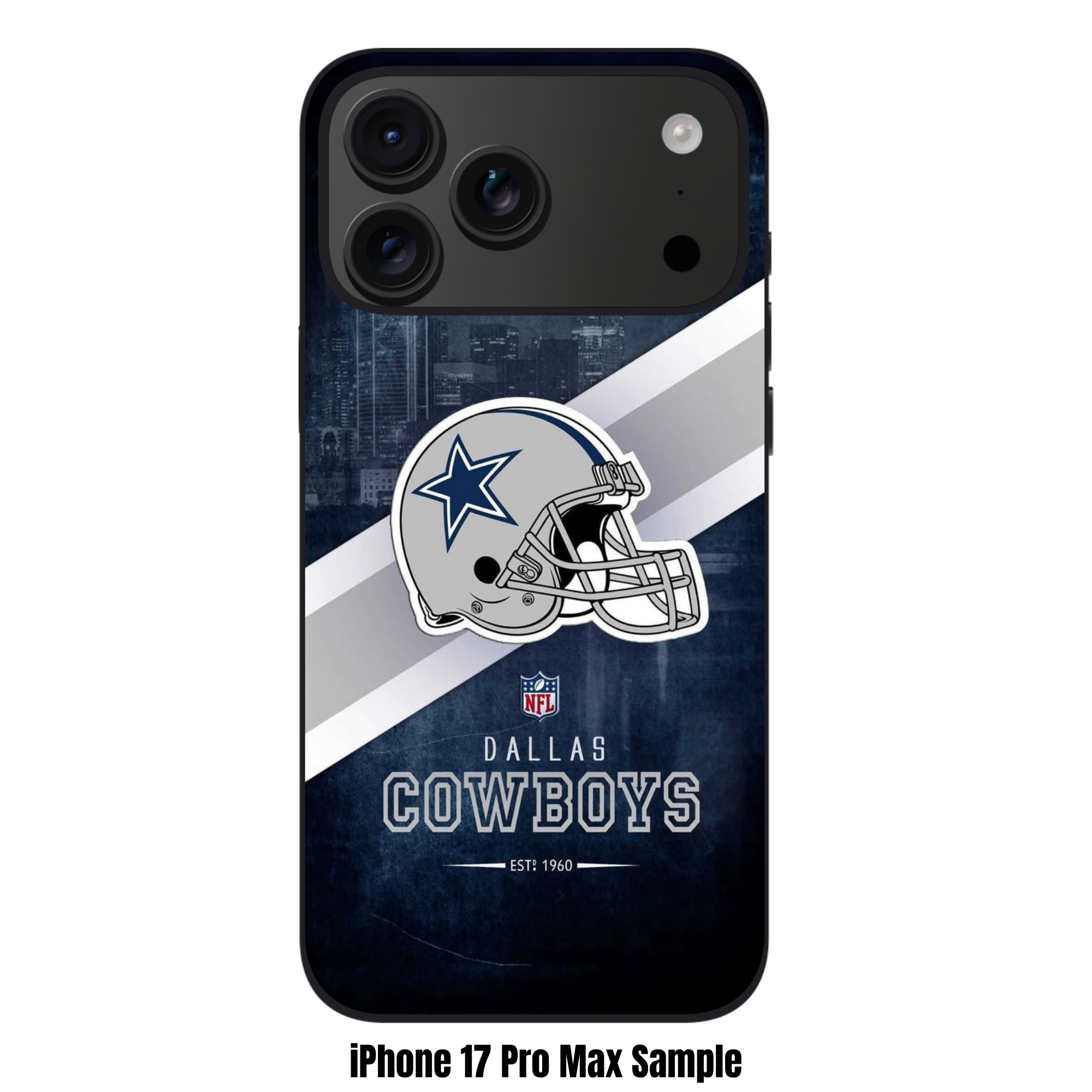 NFL Dallas Cowboys Phone Case For iPhone Samsung Galaxy Pixel - Dallas Cowboys Helmet And Diagonal Stripe On Cityscape Background