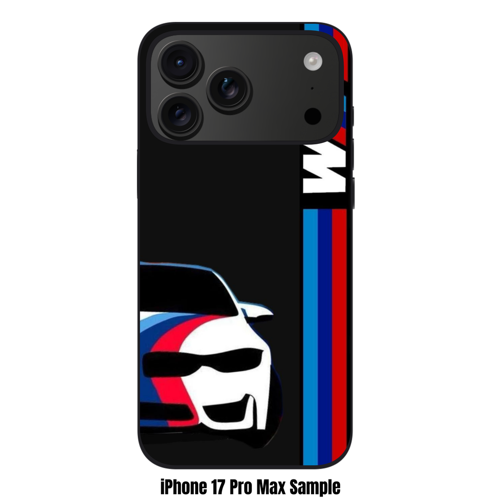 BMW Phone Case For iPhone Samsung Galaxy Pixel - BMW M4 Outlined Car And Vertical M Stripes On Black Background