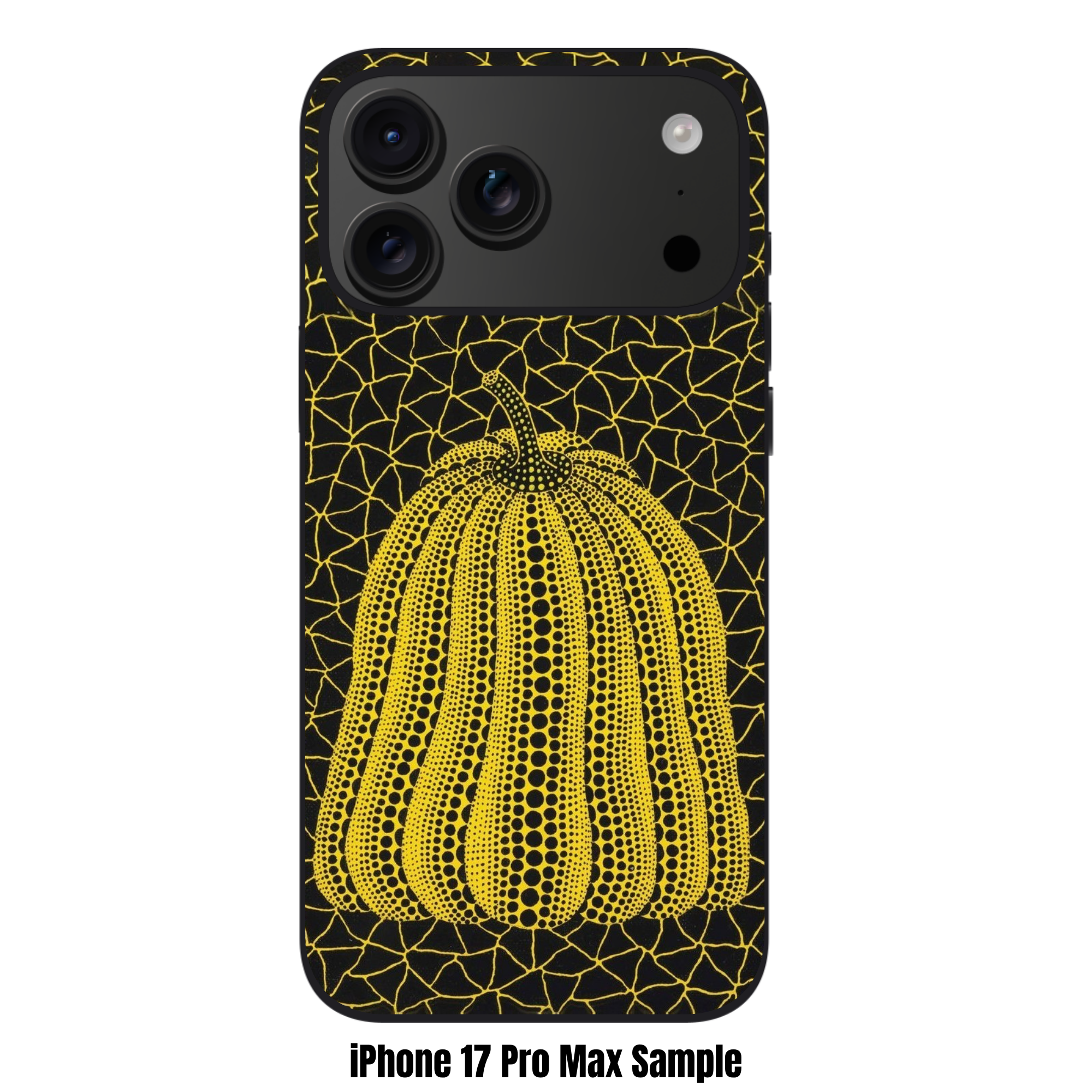 Yayoi Kusama Phone Case For iPhone Samsung Galaxy Pixel - Yellow Pumpkin With Black Polka Dots On Black Crackle Background