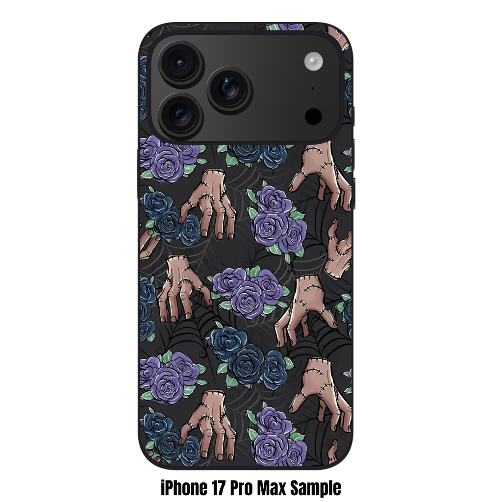 Wednesday Phone Case For iPhone Samsung Galaxy Pixel - Thing Hands And Purple Roses Pattern On Black Background