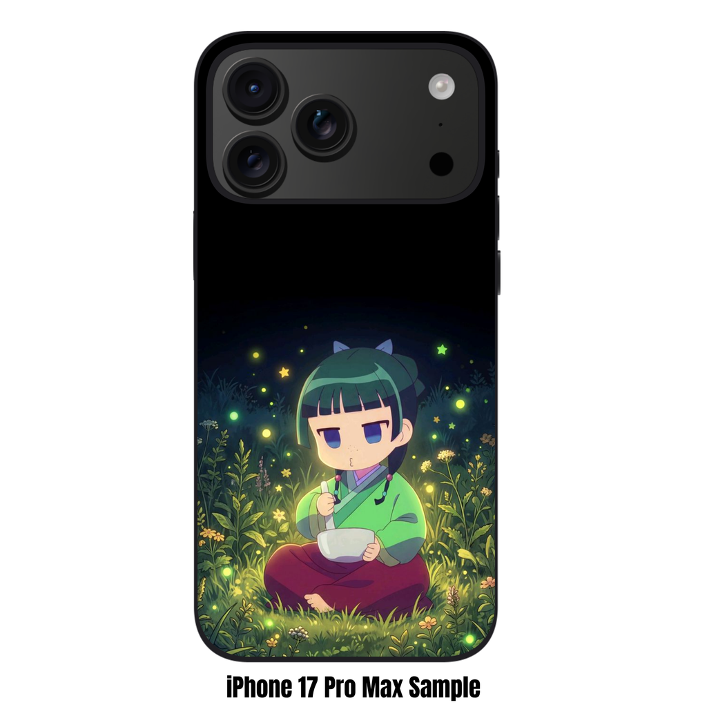 The Apothecary Diaries Maomao Phone Case For iPhone Samsung Galaxy Pixel - Chibi Maomao Sitting In A Grassy Field Surrounded By Fireflies On A Black Night Background