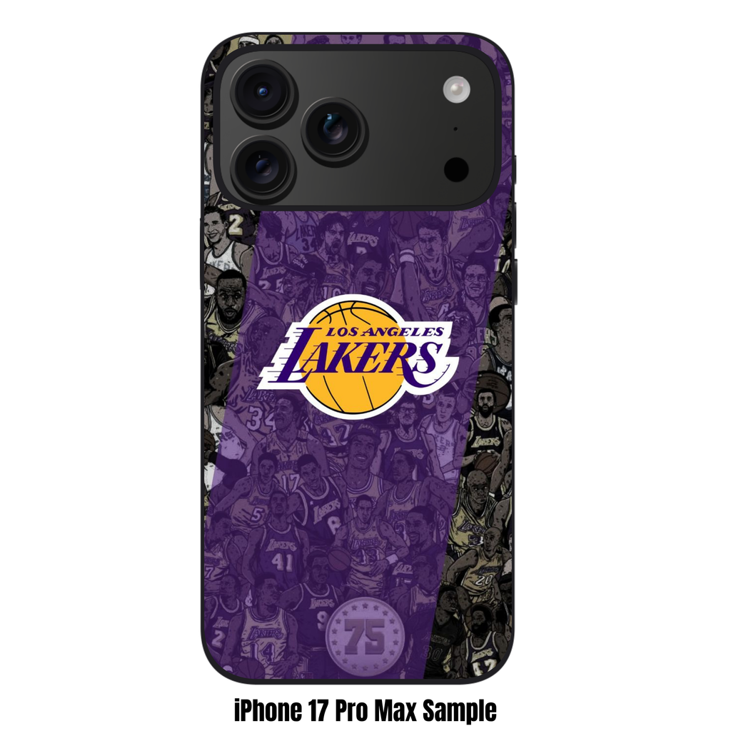 NBA Los Angeles Lakers Phone Case For iPhone Samsung Galaxy Pixel - Los Angeles Lakers Logo And Players Collage On Purple Stripe Background