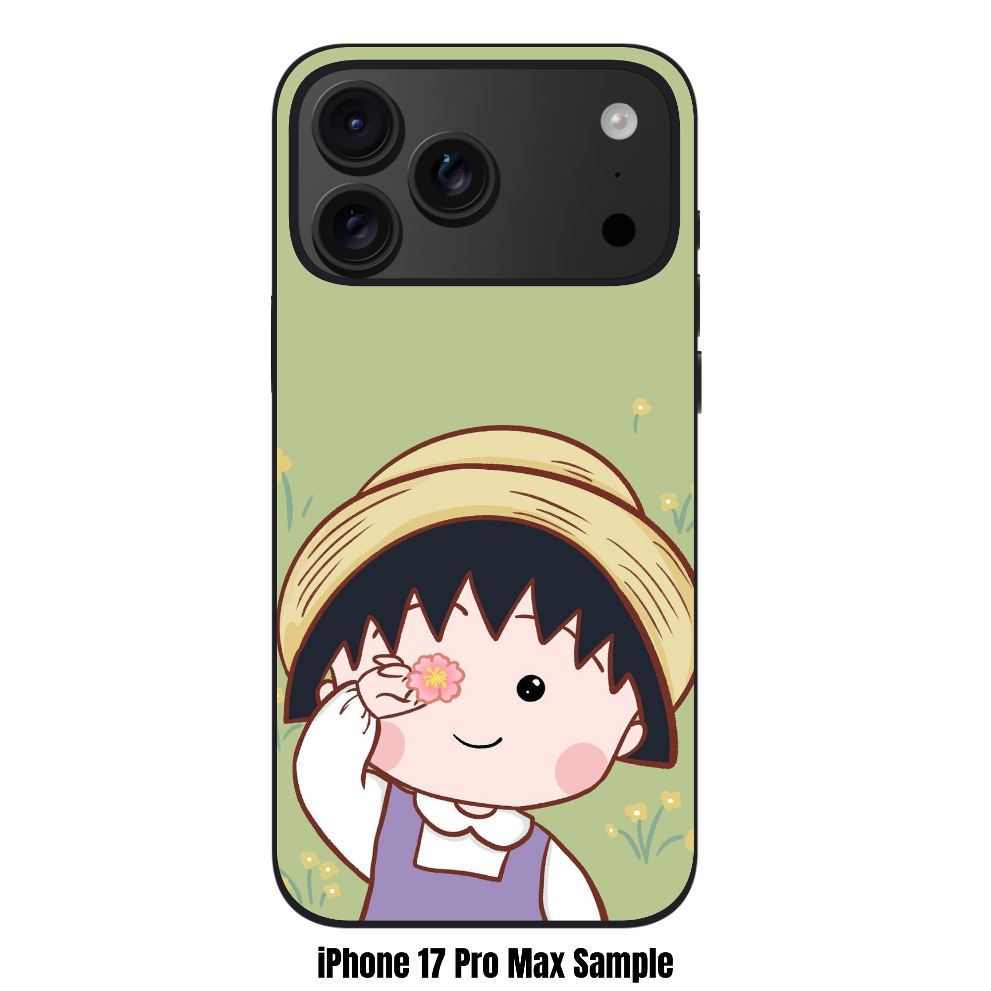 Chibi Maruko Chan Phone Case For iPhone Samsung Galaxy Pixel - Chibi Maruko Chan Holding Pink Blossom On Matcha Green Background
