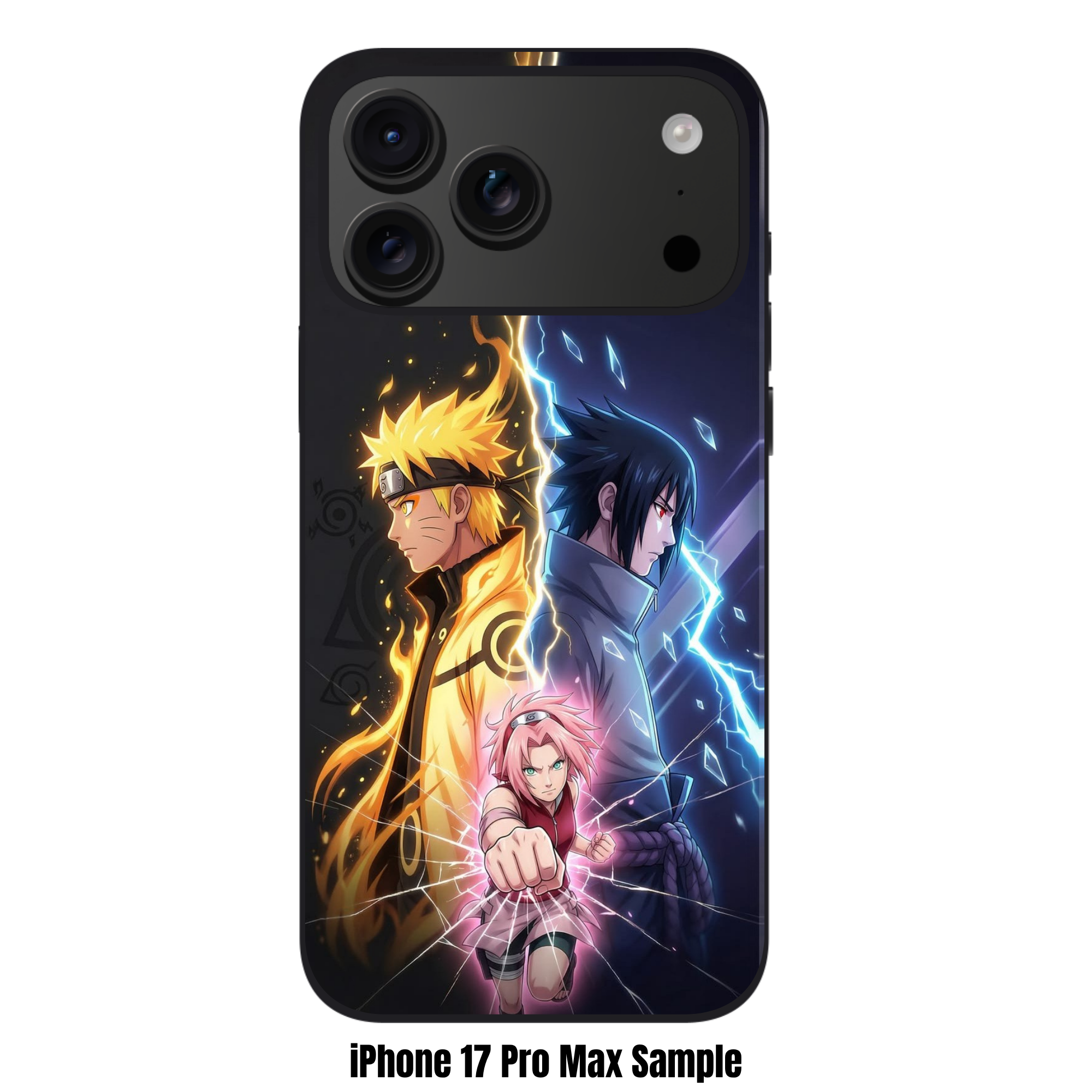 Naruto Phone Case For iPhone Samsung Galaxy Pixel - Naruto Uzumaki Sasuke Uchiha And Sakura Haruno Separated By Golden And Blue Lightning