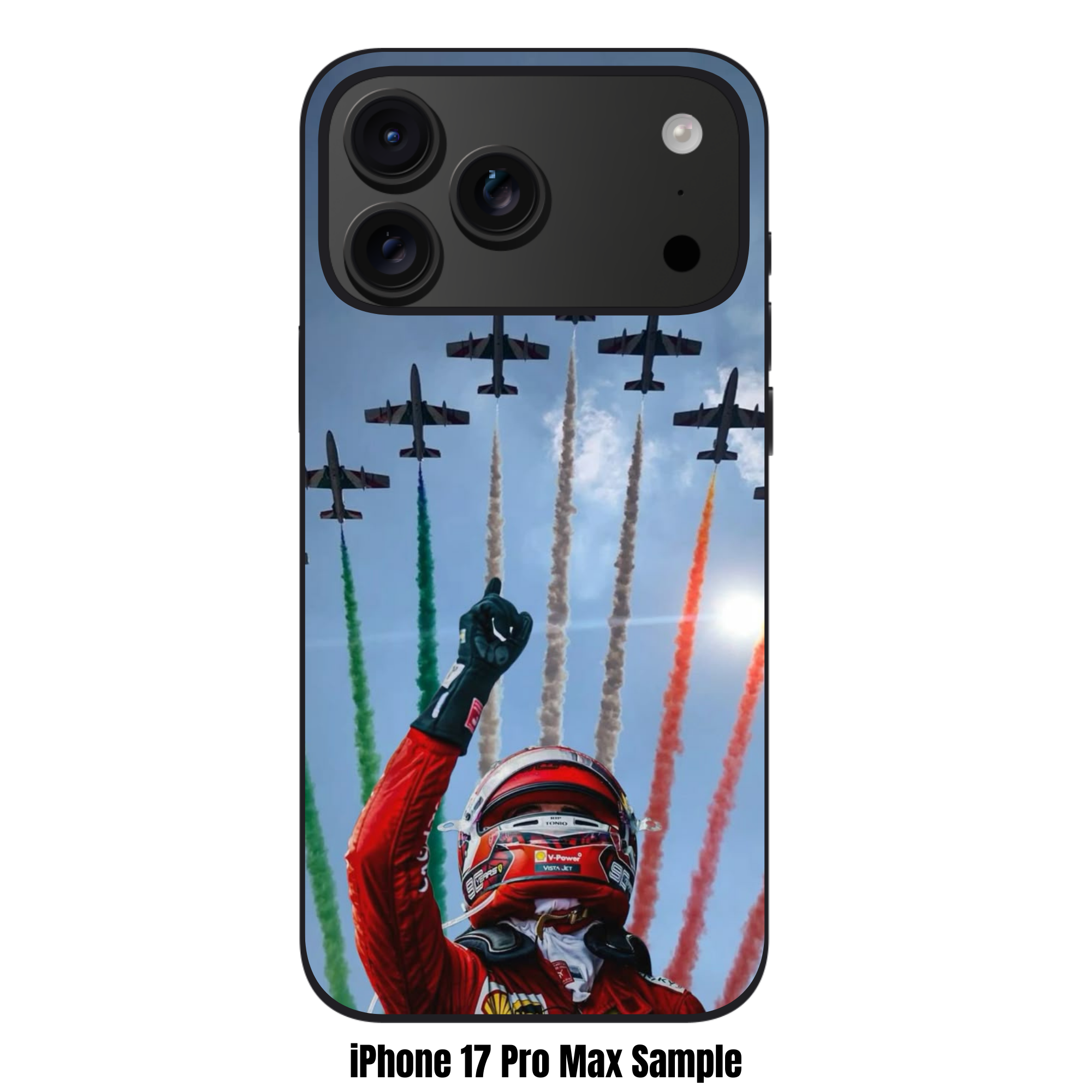 F1 Formula 1 Charles Leclerc Phone Case For iPhone Samsung Galaxy Pixel - Charles Leclerc Pointing At Frecce Tricolori Jets At Monza Background