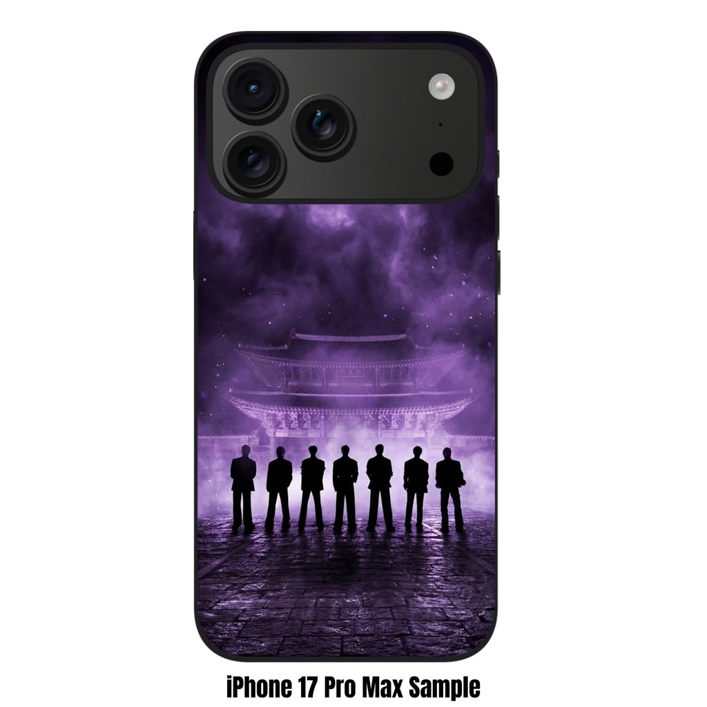 BTS Phone Case For iPhone Samsung Galaxy Pixel - BTS Silhouette In Front Of Korean Palace On Purple Smokey Background