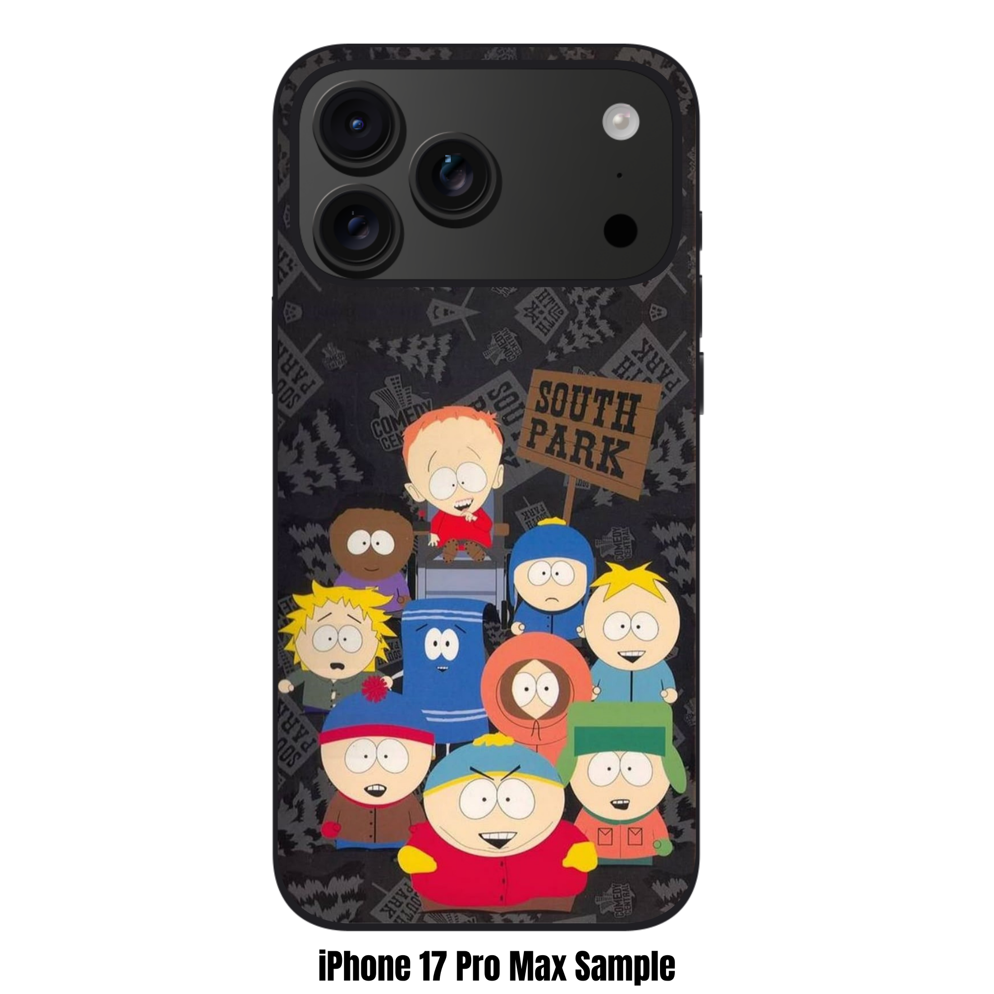 South Park Phone Case For iPhone Samsung Galaxy Pixel - South Park Characters On Charcoal Gray Monogram Pattern Background
