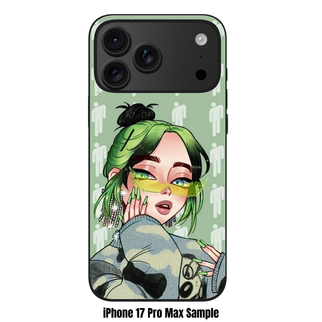 Billie Eilish Phone Case For iPhone Samsung Galaxy Pixel - Billie Eilish Anime Illustration With Blohsh Logo Pattern On Sage Green Background