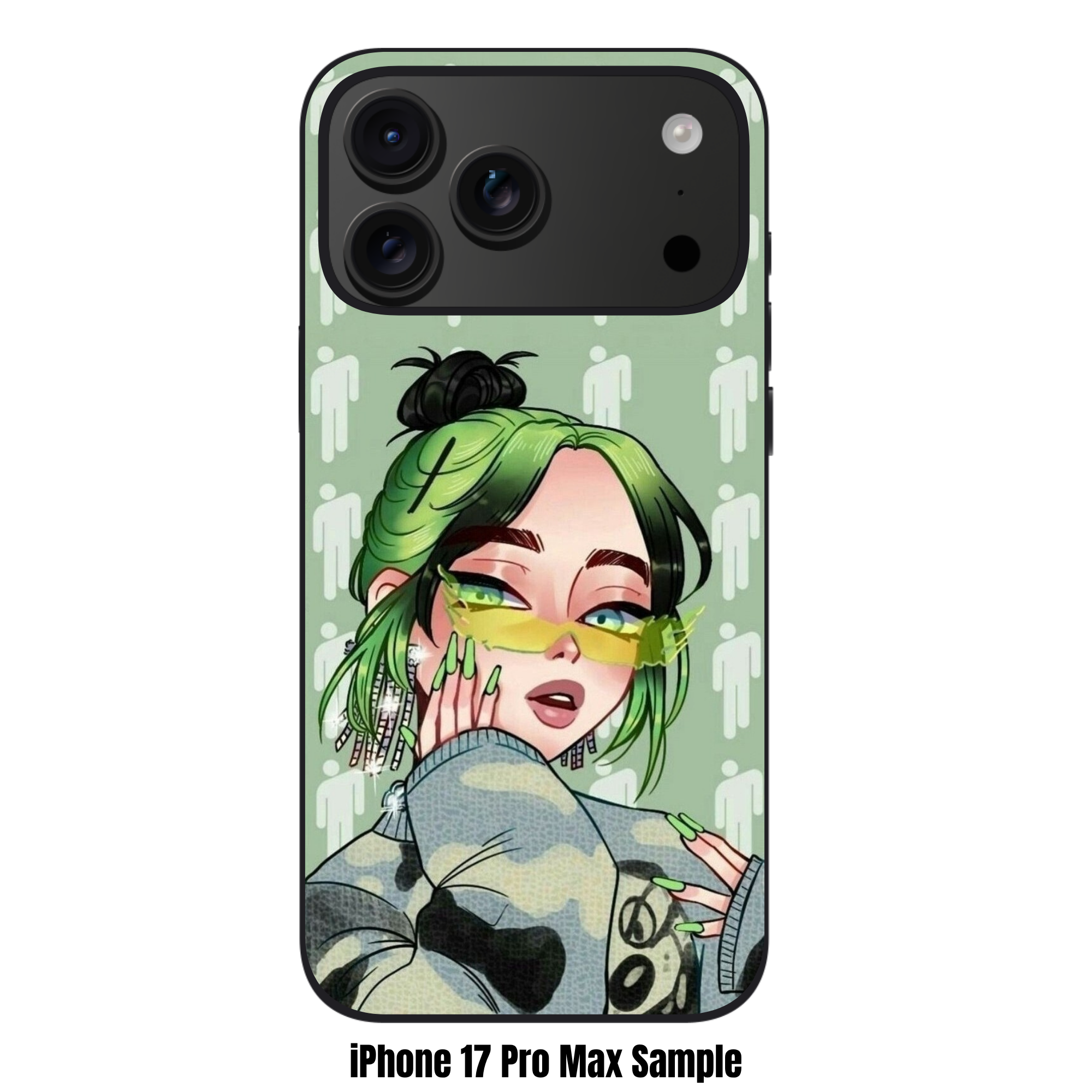 Billie Eilish Phone Case For iPhone Samsung Galaxy Pixel - Billie Eilish Anime Illustration With Blohsh Logo Pattern On Sage Green Background