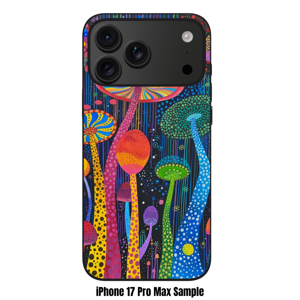 Yayoi Kusama Phone Case For iPhone Samsung Galaxy Pixel - Psychedelic Mushrooms In Polka Dot Style On Dark Background