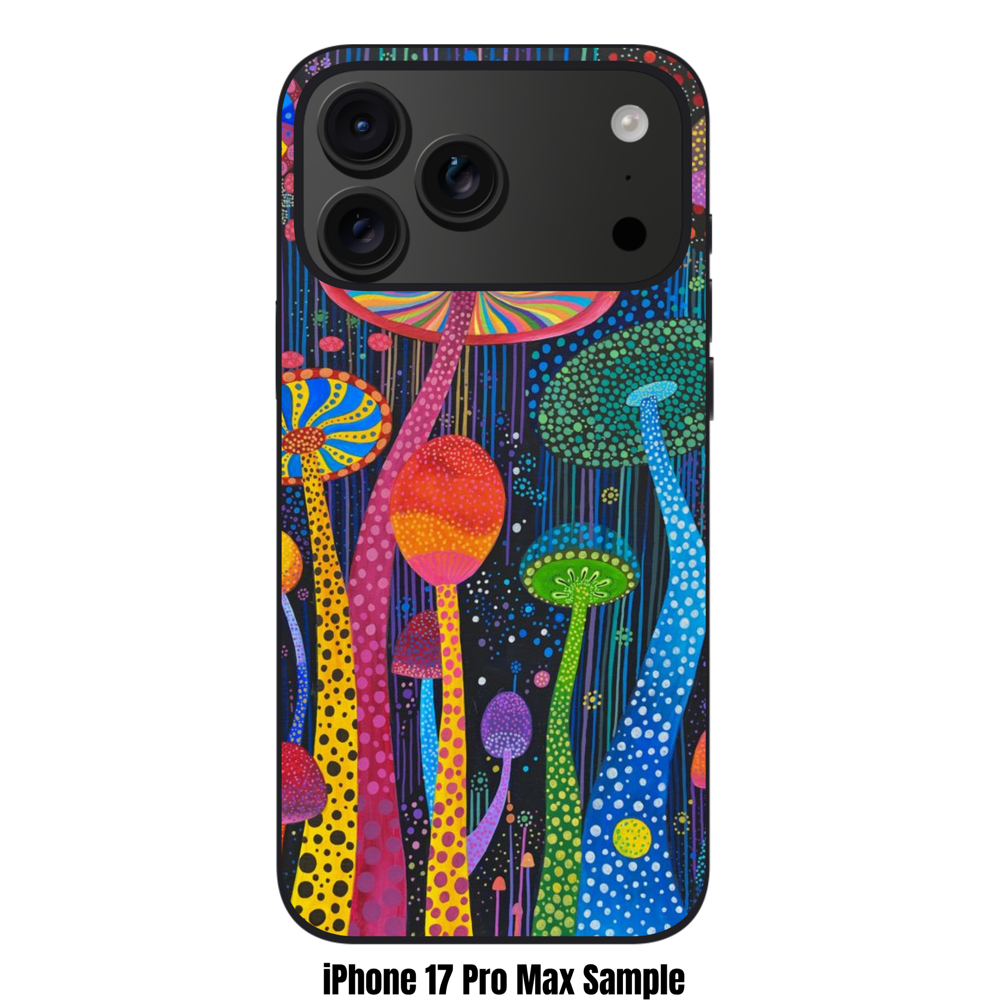 Yayoi Kusama Phone Case For iPhone Samsung Galaxy Pixel - Psychedelic Mushrooms In Polka Dot Style On Dark Background
