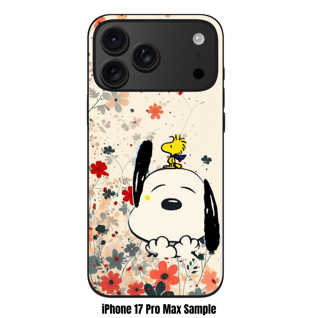 Peanuts Snoopy Phone Case For iPhone Samsung Galaxy Pixel - Peanuts Snoopy And Woodstock With Red And Grey Flowers On Cream Background