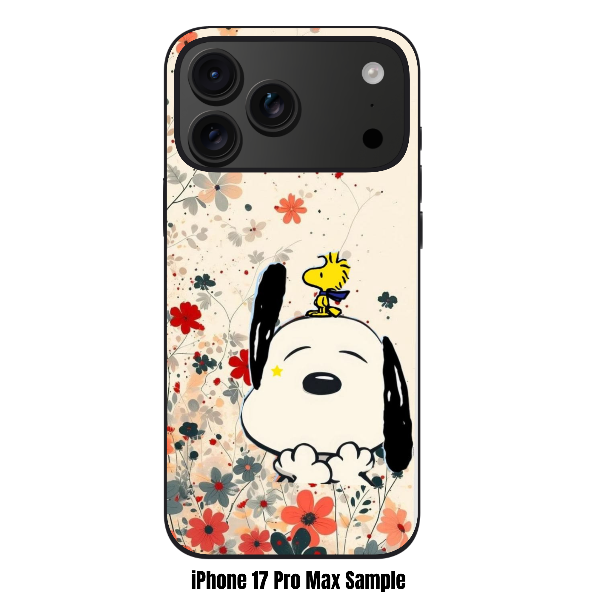 Peanuts Snoopy Phone Case For iPhone Samsung Galaxy Pixel - Peanuts Snoopy And Woodstock With Red And Grey Flowers On Cream Background