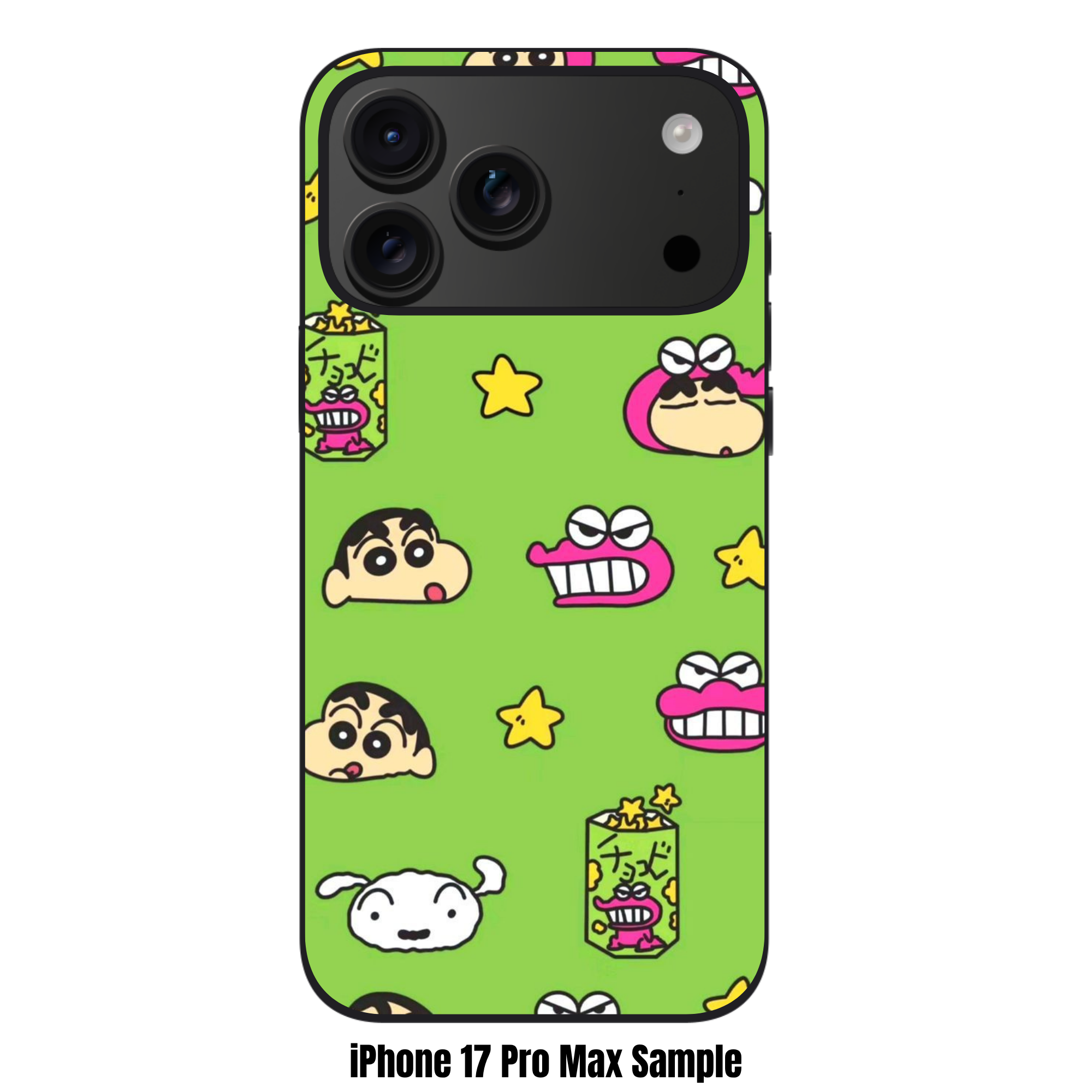 Crayon Shin Chan Phone Case For iPhone Samsung Galaxy Pixel - Crayon Shin Chan Faces And Chocobi Snacks Pattern On Lime Green Background