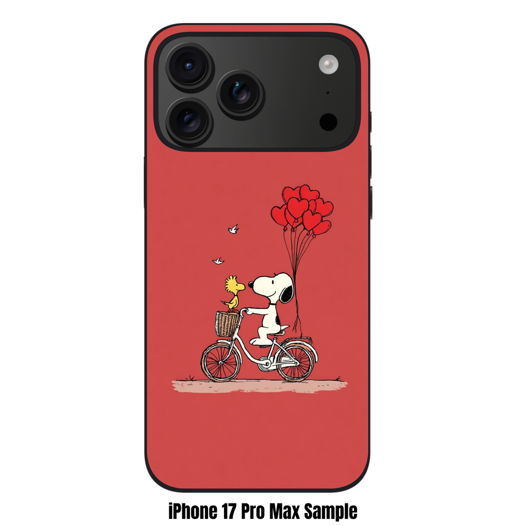 Peanuts Snoopy Phone Case For iPhone Samsung Galaxy Pixel - Peanuts Snoopy And Woodstock On A Bicycle With Heart Balloons On Red Background